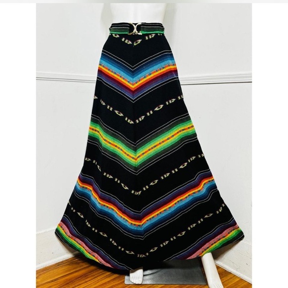 1970s vintage black wool rainbow chevron stripe serape maxi skirt